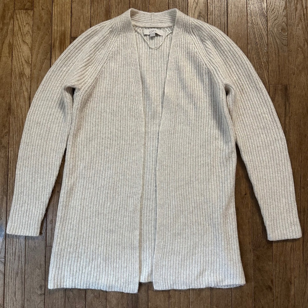 LOFT‎ Women's Size S Beige Knit Long Cardigan Sweater Wool Blend Cozy